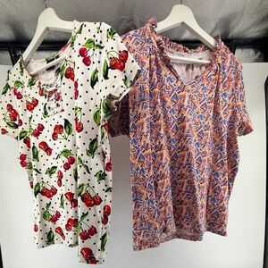 Rafaella Womens XL Cotton Top Lot 2 Cherry Polka Dot Lace Up Geometric Tee